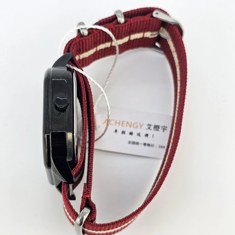 42MM Watch Men Black Dial Date Indicator Red Cream‎ Canvas Band New Battery